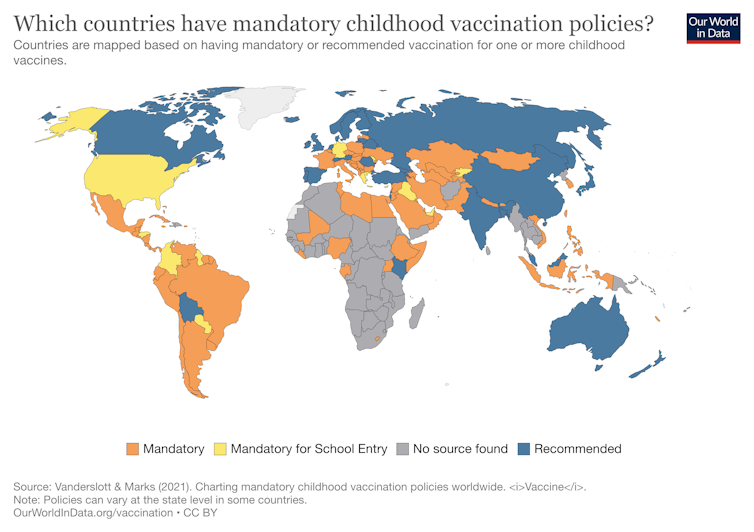 Countries with mandatory childhood vaccination.