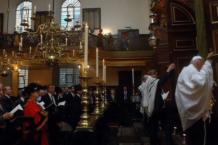 Tony Blair attends a thanksgiving service marking the 350th anniversary of the resettlement of Jews in England at Bevis Marks in 2006.