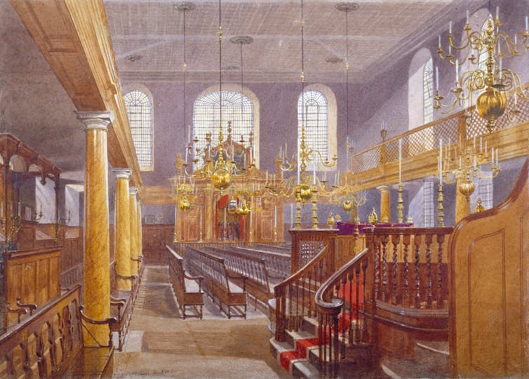 An 1884 painting of the interior of the synagogue by the British watercolourist John Crowther.