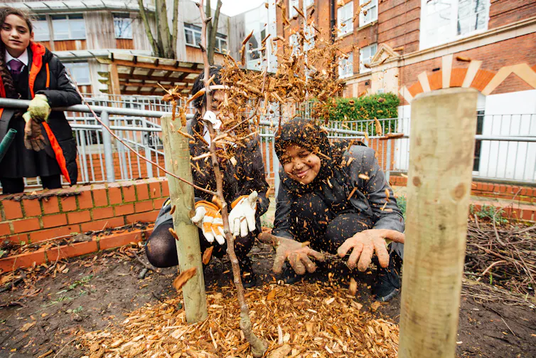 Happy schoolchildren throwing wood chips in the air after planting a tree