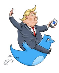 Cartoon of Donald Trump on a Twitter bird