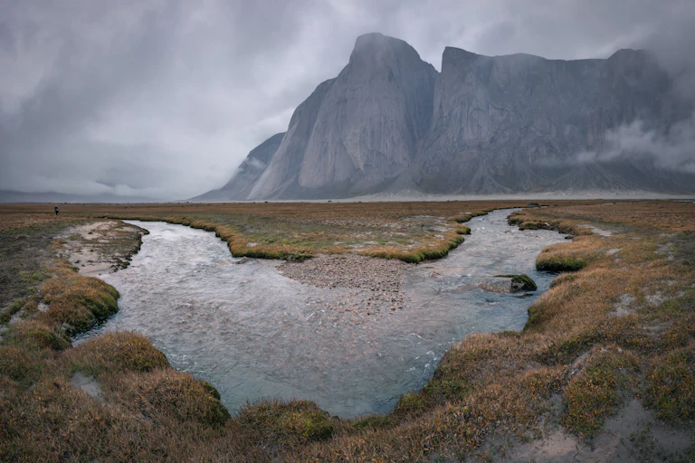 Rainy tundra with large cliff in background
