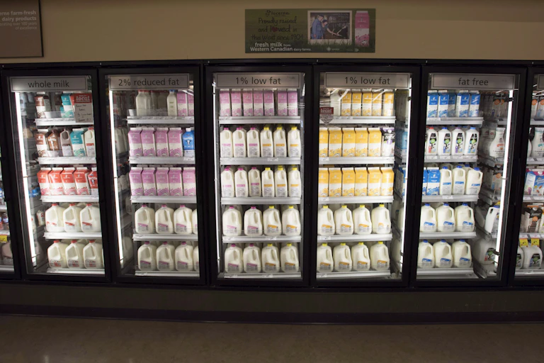 Rangée de contenants de lait en épicerie