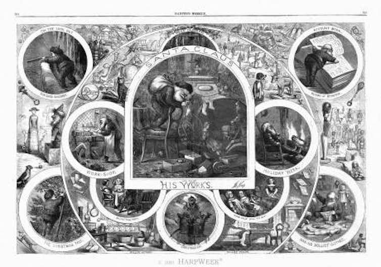 Uma caricatura mostrando o Papai Noel como um homem alegre, barrigudo e de barba branca longa.