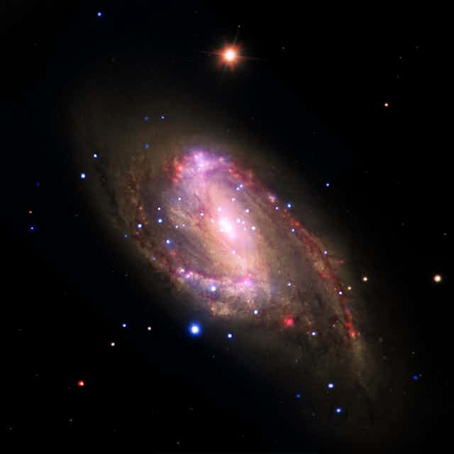 A spiral shaped galaxy with a bright spot in the centre