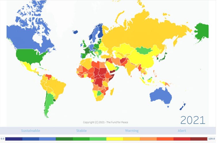 Map of the world with colours indicating fragility