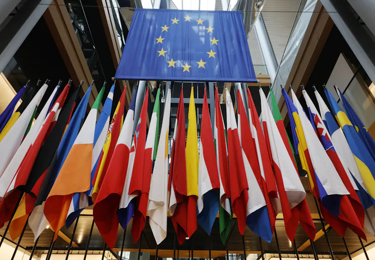 EU flag with all the member flags underneath
