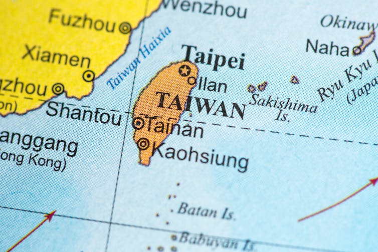 Map of Taiwan, showing its position off the coast of mainland China.
