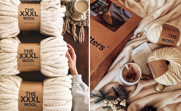 Two images side by side show packages of yarn; the one on the left shows a hand touching it.