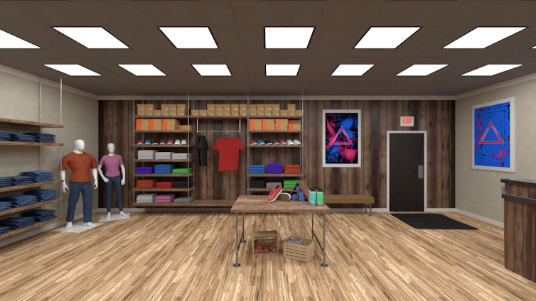 A virtual scene shows a clothing store with clothes on racks, mannequins and shelves