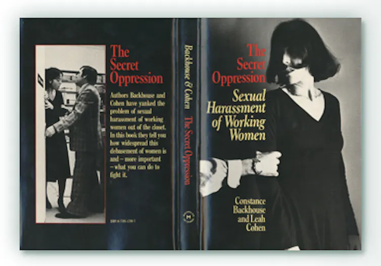 Front and back of a book cover, the back showing a white man intercepting a white woman, both in 1970s style clothing, and the front showing a white woman with a hand on her arm.
