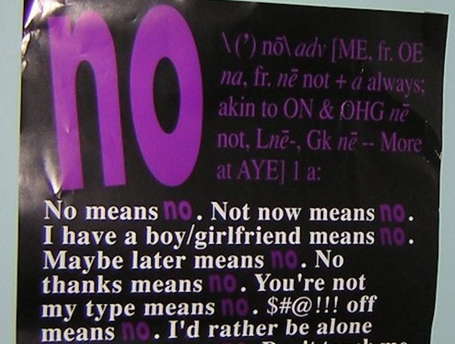 Poster shows 'not now means no' and other ways of saying no in large purple font against a black background.