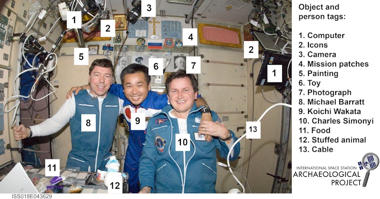 In this image from March 2009, two astronauts and a space tourist are seen in the Russian ISS module Zvezda. Behind them are a variety of different items placed by the crew over time.