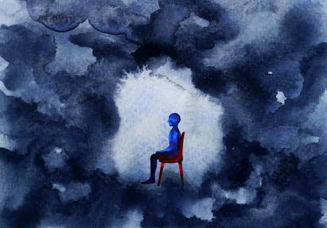 An illustration of a figure sitting on a chair as a dark cloud envelopes them.