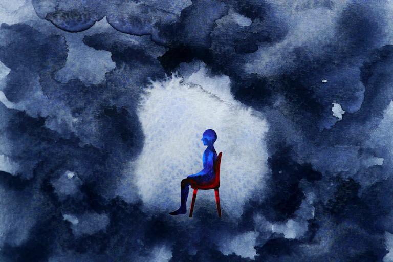 An illustration of a figure sitting on a chair as a dark cloud envelopes them.