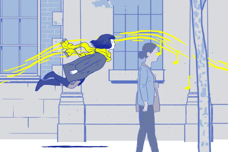 Screenshot, a girl floats on music bars