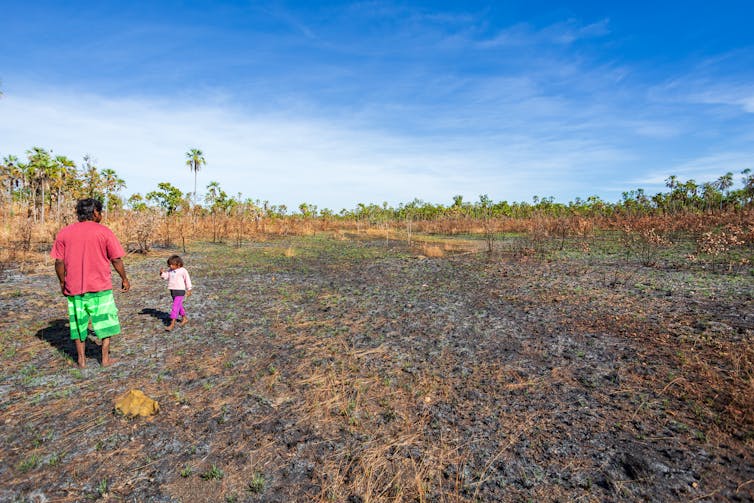 Indigenous man and child walk on burnt landscape