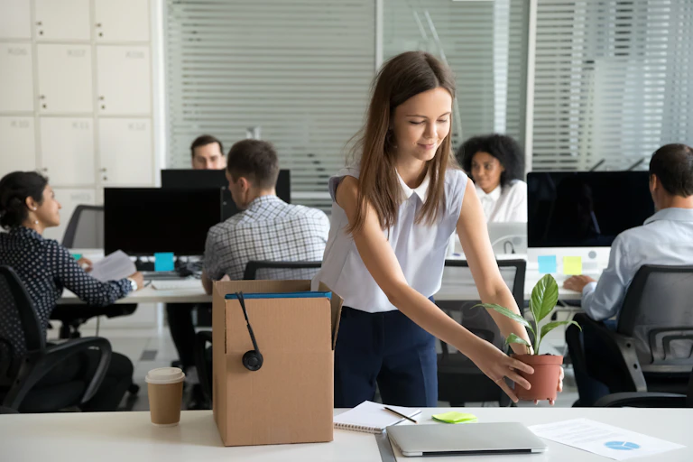 Newly employed young woman puts pot plant on her desk