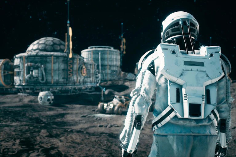Illustration of an astronaut walking towards a base on the moon