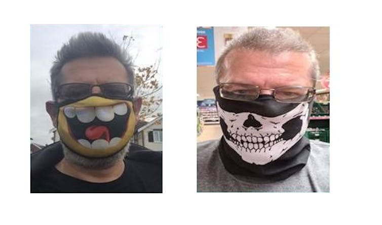 People wearing face masks with humorous faces on them