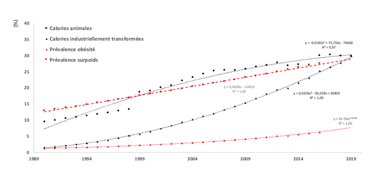 Courbes de l’évolution croissante de la consommation des calories animales et de l’obésité