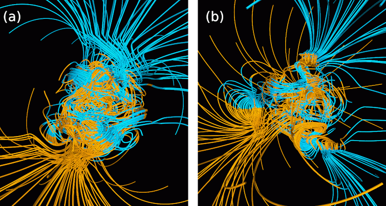Prime simulazioni del campo magnetico terrestre da parte del team di G. Glatzmaier prima e dopo l'inversione della CMT. 
Le curve sono linee di campo magnetico, blu quando vanno verso il centro e gialle quando si allontanano. 
L'asse di rotazione della Terra è centrato e verticale. Gary A. Glatzmaier e MikeRun / Wikimedia