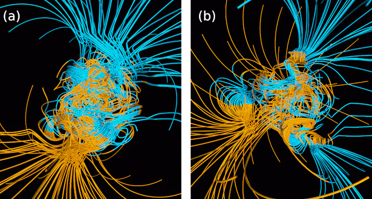 Prime simulazioni del campo magnetico terrestre da parte del team di G. Glatzmaier prima e dopo l'inversione della CMT.
Le curve sono linee di campo magnetico, blu quando vanno verso il centro e gialle quando si allontanano.
L'asse di rotazione della Terra è centrato e verticale. Gary A. Glatzmaier e MikeRun / Wikimedia