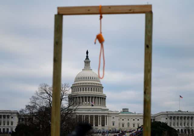 A noose hangs in front of the U.S. Capitol during the Jan. 6 attacks.