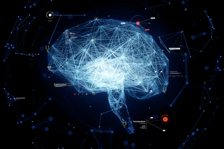 Digital generated image of plexus style glowing net data brain on black background