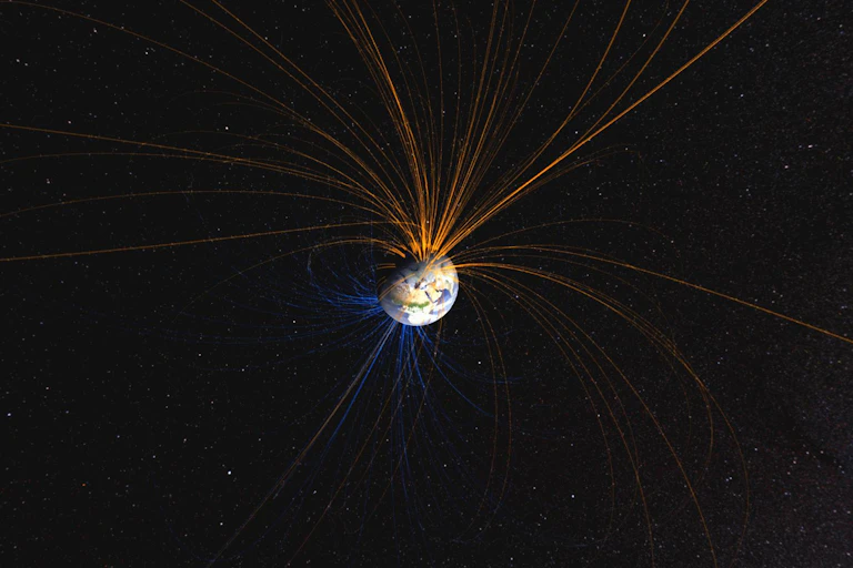Représentation du champ magnétique terrestre ; les lignes sortent des poles et formes des boucles plus ou moins larges autour de la planète.