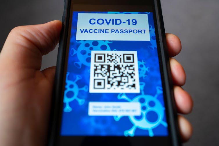 A vaccine passport on a mobile phone.