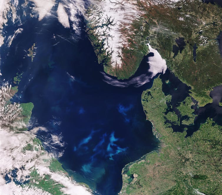 A satellite image of the North Sea