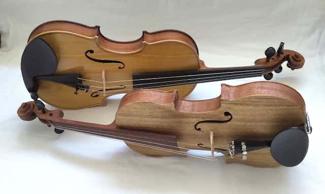 Two violins, newly made, are displayed, each in two different types of wood with different brown colours.