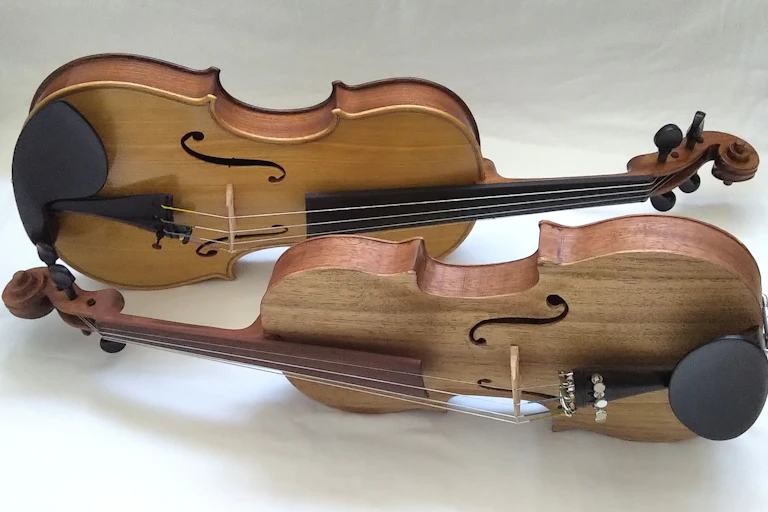 Two violins, newly made, are displayed, each in two different types of wood with different brown colours.