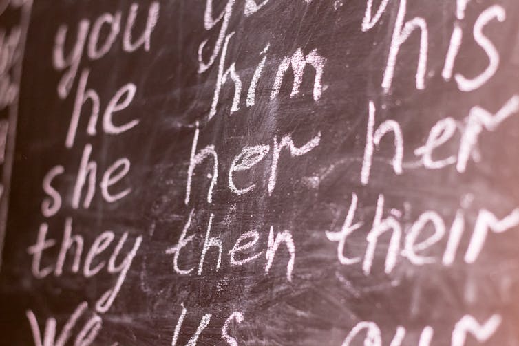 The words he, him, his, she, her, they, them and their written on a blackboard
