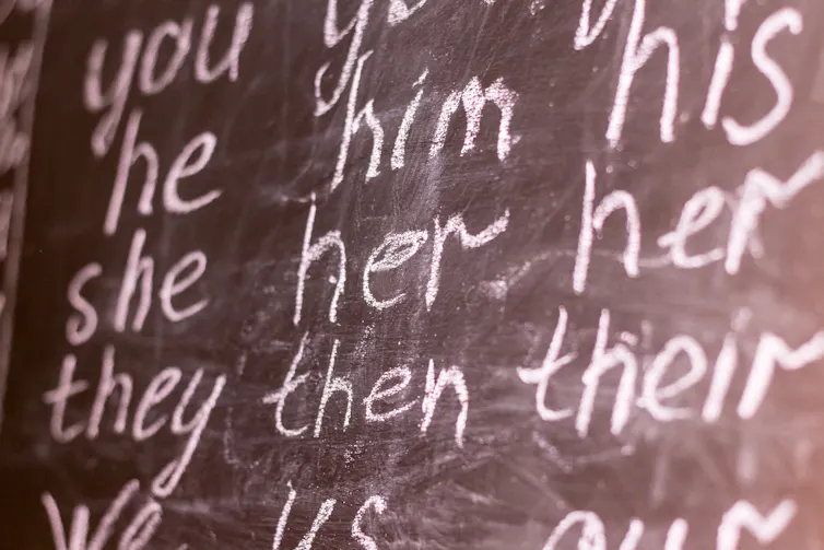 The words he, him, his, she, her, they, them and their written on a blackboard