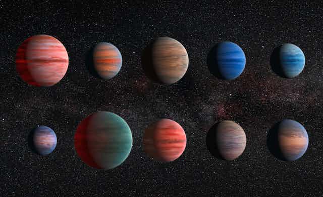 Dix planètes de taille différente, imagées