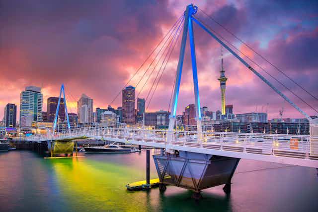 Auckland city skyline with pedestrian bridge