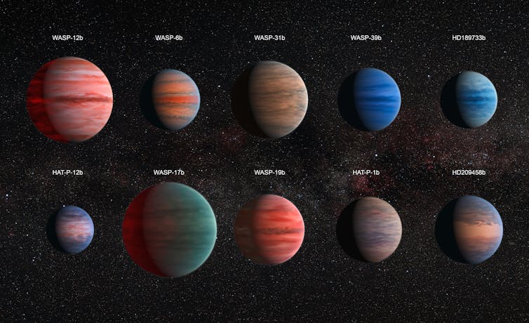 Rappresentazione artistica di dieci "Giove caldi" studiati con i telescopi spaziali Hubble e Spitzer, che illustrano la varietà degli esopianeti. Ci sono per il momento poche indicazioni sperimentali sul colore degli esopianeti; e i modelli di nuvole e vento sono attualmente basati su modelli teorici. NASA/ESA
