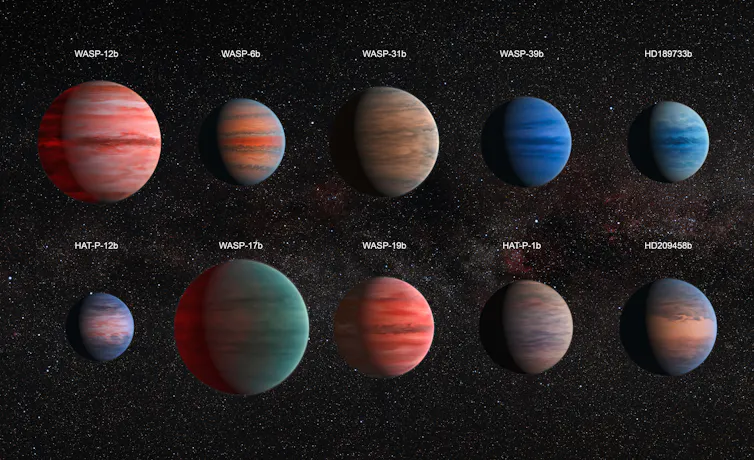 Rappresentazione artistica di dieci "Giove caldi" studiati con i telescopi spaziali Hubble e Spitzer, che illustrano la varietà degli esopianeti. Ci sono per il momento poche indicazioni sperimentali sul colore degli esopianeti; e i modelli di nuvole e vento sono attualmente basati su modelli teorici. NASA/ESA