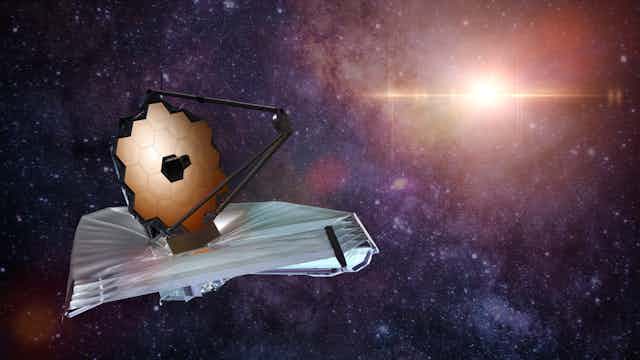 Graphical representation of the James Webb Space Telescope in space with stars in the background.  