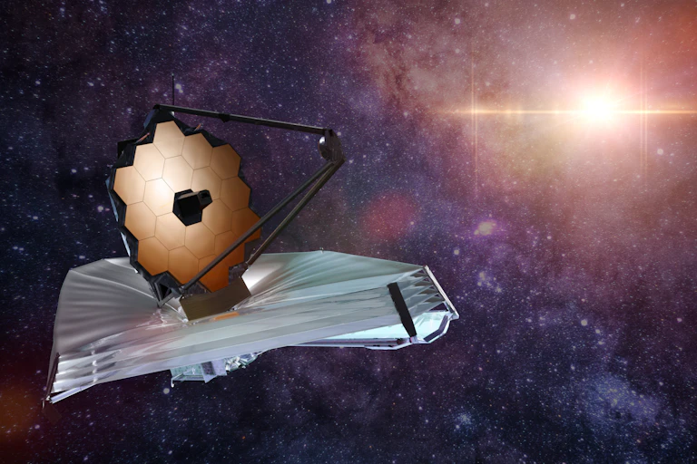 Graphical representation of the James Webb Space Telescope in space with stars in the background.