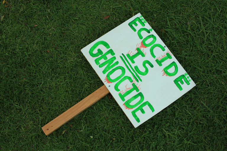 A sign reading 'Ecocide is genocide'