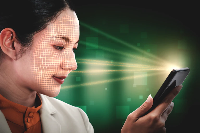 a woman holding a cell phone that is scanning her face