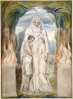 God stands over Adam and Eve in an illustration.