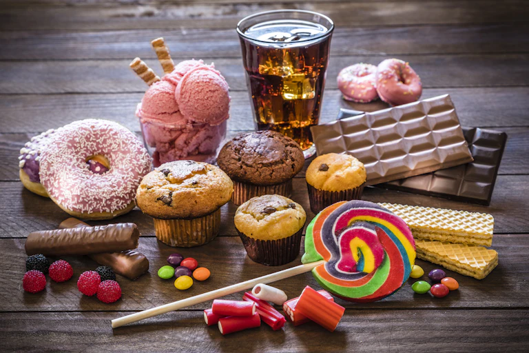 A sampling of sugary sweets, including donuts, muffins, cookies, chocolate, a lollipop and a soft drink.