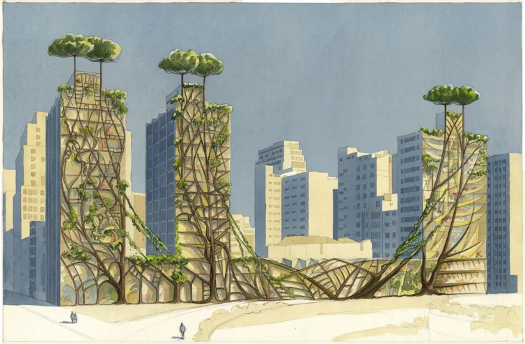artist's image of trees growing on buildings