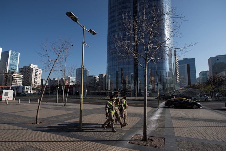 The military patrolling empty streets during lockdown in Santiago, Chile