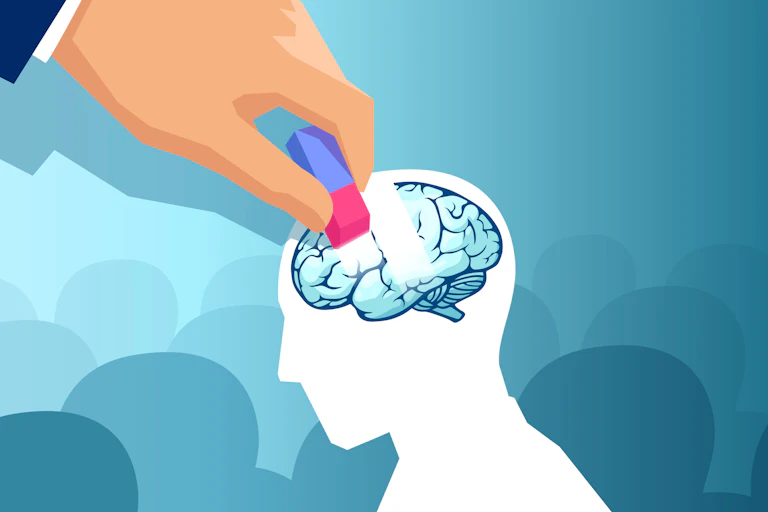 A digital representation of cognitive decline, where a person erases areas of a human brain.