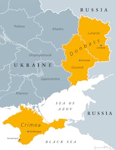 Map of the disputed areas between Russia and Ukraine with the Crimea and Donbas regions highlighted.